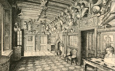 Entréhallen. -Längs väggen finns många kostymer av gammal rustning., 1882. av Unbekannt