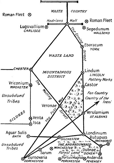 De fyra huvudsakliga romerska kommunikationslinjerna i Storbritannien, 1910 av Unbekannt