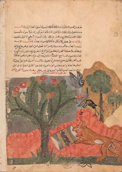 Räven och trumman, Folio från en Kalila wa Dimna, 1700-tal. av Unbekannt
