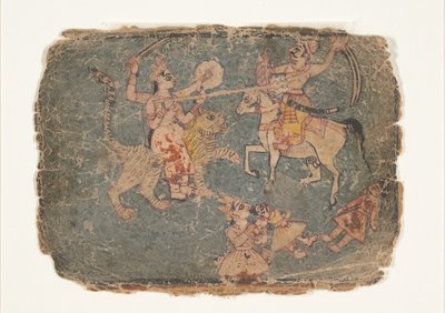 Gudinnan Durga som dödar en fiende, sida från en dispersed Markandeya Purana..., 1650-60. av Unbekannt