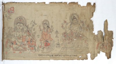 Gudinnan Vasudhara flankerad av Kubera och en fragmentarisk Durga, daterad 1651. av Unbekannt
