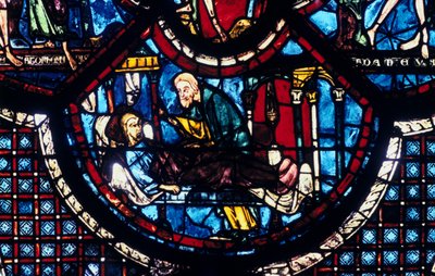 Den barmhärtige samariten tar hand om pilgrimen, målat glas, Chartres katedral, Frankrike, 1205-1215 av Unbekannt