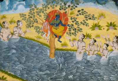 The Gopis vädjar till Krishna att lämna tillbaka sina kläder, Page from a Bhagavata Purana..., ca. 1610. av Unbekannt
