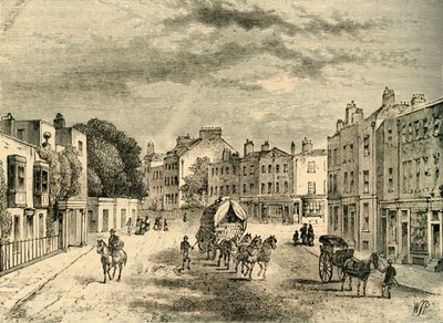 Den gamla byn Vauxhall, med ingången till trädgårdarna, 1825, c1878. av Unbekannt