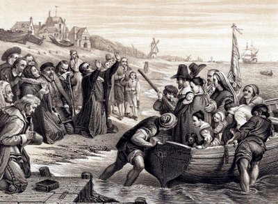 Pilgrimsfäderna lämnar Delft Haven på sin resa till Amerika, juli 1620 1878 av Unbekannt