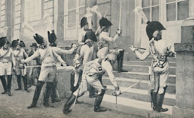 Det preussiska adelsgardet vässar sina svärd på trappan till den franska ambassaden i Berlin, 1896 av Unbekannt