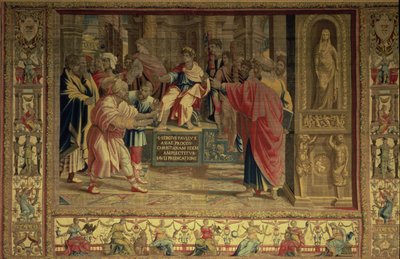 Trollkarlen Elymas blev blind av St. Paulus inför den romerske guvernören Sergius Paulus, detalj från Brysseltapeterna, kopior av Rafaels Vatikanserie av Apostlagärningarna (gobeläng) av Unbekannt