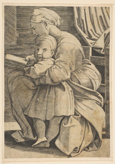 Jungfrun läser med spädbarnet Kristus, kvinna som sitter i profil vänd mot vänster och..., ca. 1515-1600. av Unbekannt