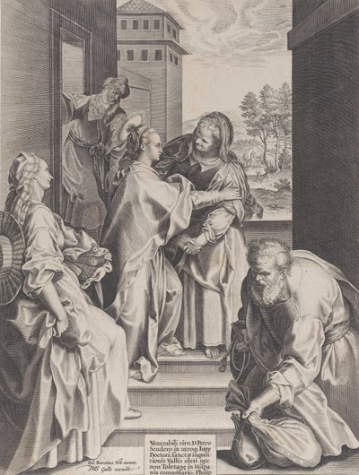 Visitationen, Jungfrun och Saint Elizabeth omfamnar i centrum, flankerad av andra f..., 1589. av Unbekannt