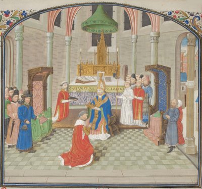 Baldwin I:s kröning på juldagen 1100. Miniatyr från Historia av Vilhelm av Tyrus, 1460-talet av Unbekannt
