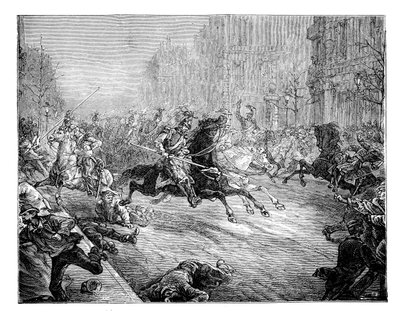 Kuppdetat, lansörer laddar folkmassan i boulevarderna i Paris, 1800-talet av Unbekannt