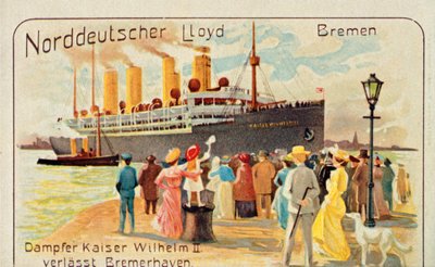 Jätten SS Kaiser Wilhelm II drar iväg från kajen vid Bremerhaven, Tyskland, 1905. av Unbekannt
