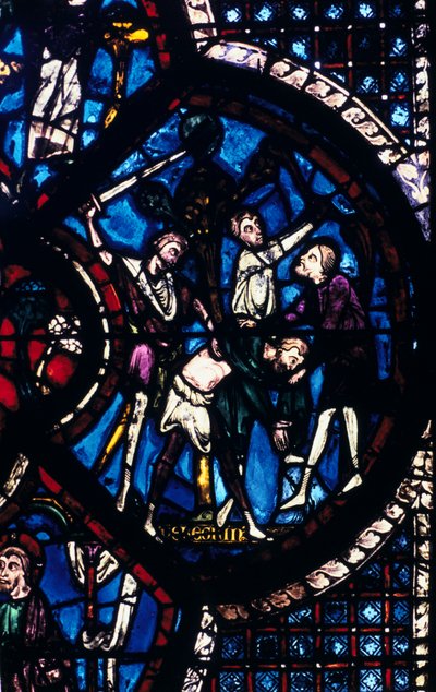 Pilgrimen attackerad av tjuvar, målat glas, Chartres katedral, Frankrike, 1205-1215 av Unbekannt