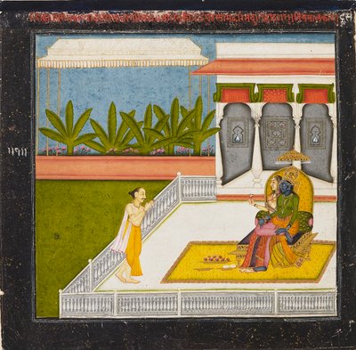 Poeten Behari Lal vördar Krishna och Radha, C1760 av Unbekannt