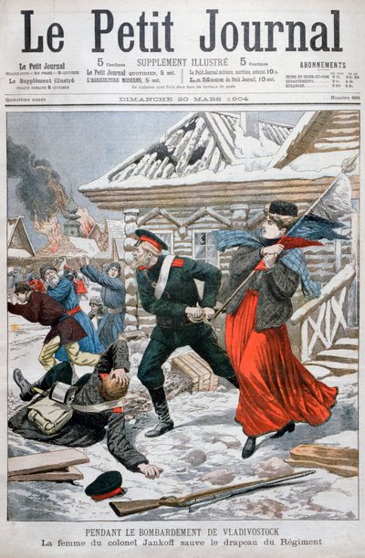 Die Frau von Oberst Jankoff rettet die Regimentsfahnen, Bombardierung von Wladiwostok, 1904 von Unbekannt