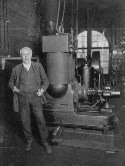 Thomas Alva Edison, amerikansk uppfinnare, med sin första dynamo för att producera elektriskt ljus, 1880-talet av Unbekannt
