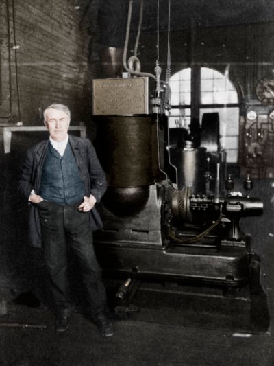 Thomas Alva Edison, amerikansk uppfinnare, med sin första dynamo för att producera elektriskt ljus, 1880-talet av Unbekannt
