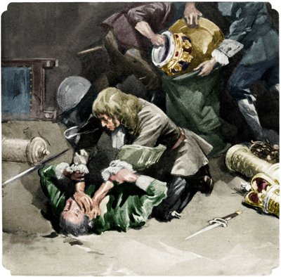 Thomas Blood försökte stjäla kronjuvelerna från Towern i London 1671, 1937 av Unbekannt