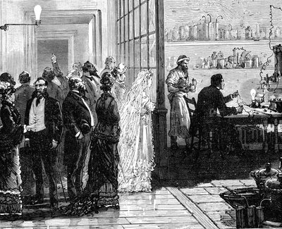 Thomas Edison experimenterade med elektriska lampor på sin bröllopsdag, 1871 1883 av Unbekannt
