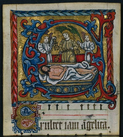 Tre sticklingar från ett missal: Initial E med gravläggningens änglar, ca. 1470-1500. av Unbekannt
