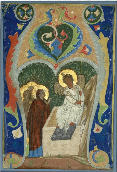 Tre Maries och den eldiga ängeln vid graven. Initialt, ca 1310 av Unbekannt