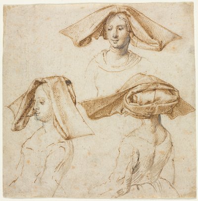 Tre studier av en kvinna som bär en utarbetad huvudbonad, ca. 1500. av Unbekannt