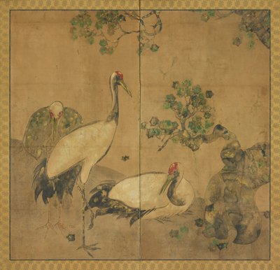 Tre tranor under ett träd, Edo-perioden, 1615-1868. av Unbekannt