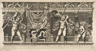 Tre amoriner framför en fasad med pilastrar, en med en treudd och en annan..., ca. 1515-1600. av Unbekannt