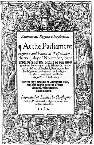 Titelsidan för parlamentets lagar, 1585, 1893 av Unbekannt