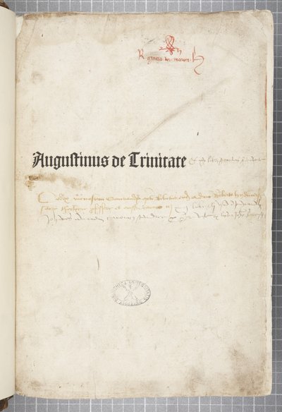 Titelsidan för De trinitate och De Civitate Dei cum commento, skriven av Augustinus av Hippo (penna och bläck på papper) av Unbekannt