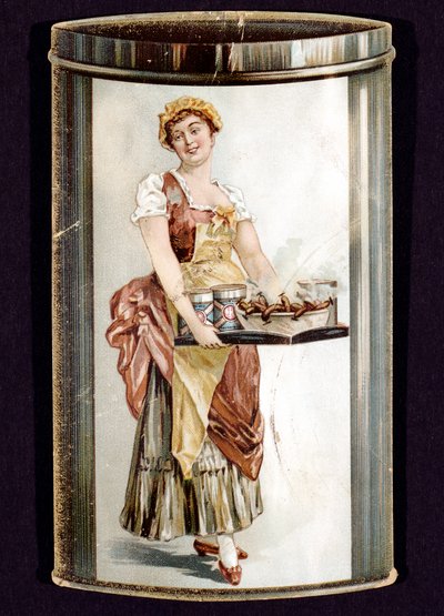 Handelskort för konserverade Frankfurters tillverkade av Heinrich Bauer från Frankfurt am Main, Tyskland, c1895 av Unbekannt