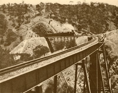 Tåg passerar över viadukten, Mount Lofty Range, södra Australien, 1930. av Unbekannt