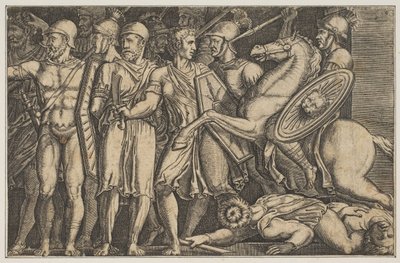 Trajanus Fighting the Dacians, Trajanus till häst till höger rider mot en grupp ..., ca. 1515-1600. av Unbekannt