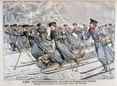 Transportera sjuka och sårade ryska trupper på skidor, rysk-japanska kriget, 1904 av Unbekannt
