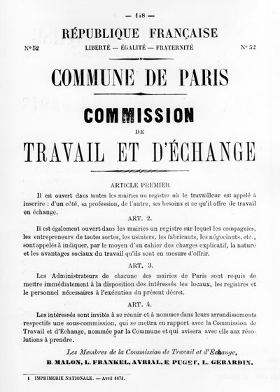 Travail et DEchange, från franska politiska affischer från Pariskommunen, maj 1871 av Unbekannt