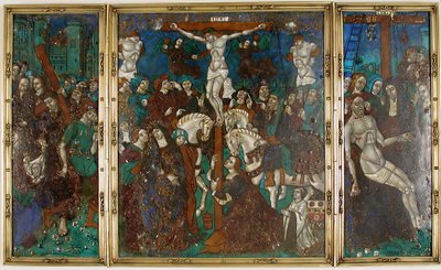Triptyk med vägen till Golgata, korsfästelse och härkomst från korset, franska, 1500-talet. av Unbekannt