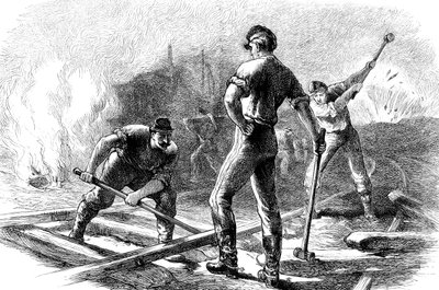 Trupper river upp en järnväg, amerikanska inbördeskriget, 1861-1865 c1880 av Unbekannt