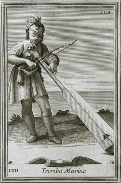 Trumscheit marintrumpet, gravyr från F. Bonannis bok Armonic cabinet, Rom, 1722, 1948 av Unbekannt