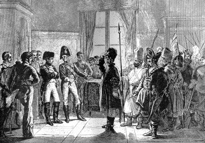 Tsar Alexander I presenterar ryska trupper till Napoleon, 8 juli 1807 1882-1884 av Unbekannt