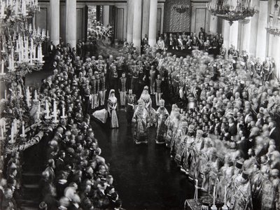 Tsar Nicholas II vid öppningsceremonin av den första duman, St Petersburg, Ryssland, 1906 av Unbekannt