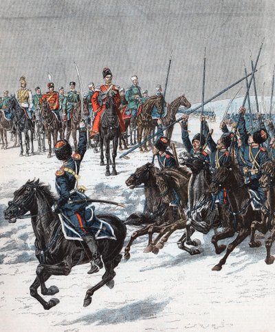 Tsar Nicholas II recenserar kosacker, rysk-japanska kriget, 1904-5 av Unbekannt
