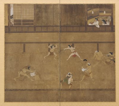 Tvåpanelsskärm föreställande brottare, Edo-period, 1600-talet. av Unbekannt