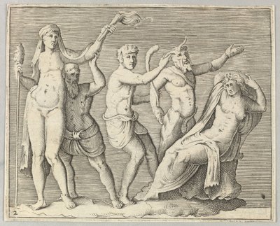 Två figurer, en faun och en satyr närmar sig en liggande kvinna, publicerad ca. 1599-1622. av Unbekannt