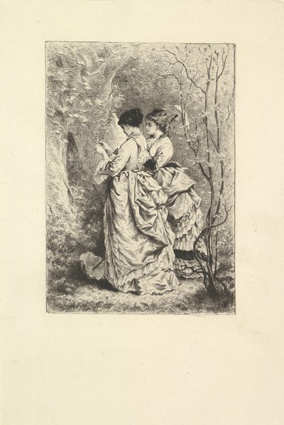 Två unga damer i en trädgård, 1873-74. av Unbekannt