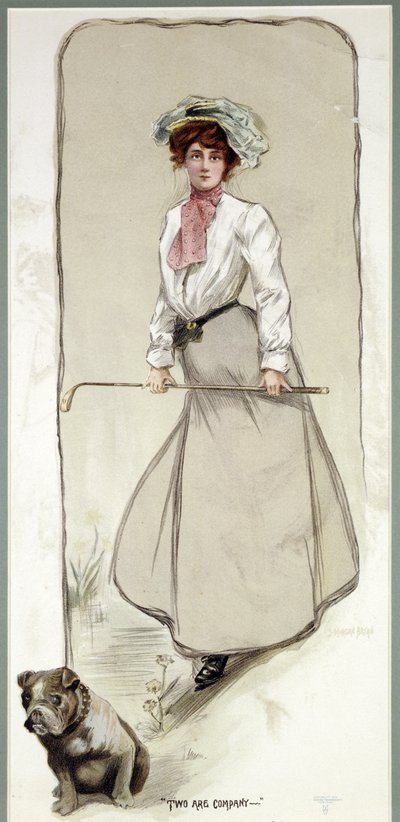 "Två är sällskap", dam golfspelare med sin hund, c1900 av Unbekannt