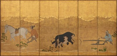 Två bönder som plöjer och harvar ett risfält, Edo-perioden, 1615-1868. av Unbekannt