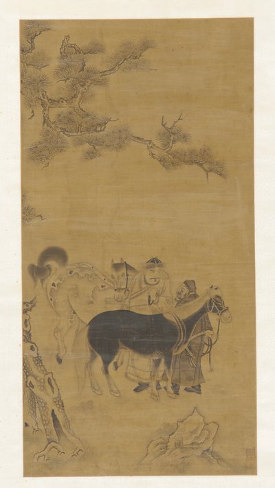 Två män och två hästar under en tall, Qingdynastin, 1700-tal. av Unbekannt