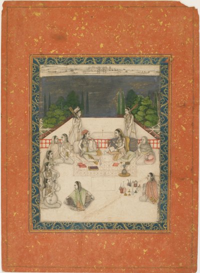 Två kvinnor sittande på en terrass, omgivna av skötare och musiker, ca. 1650. av Unbekannt