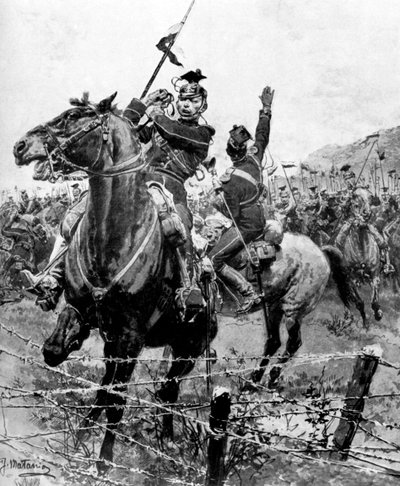 Uhlans kontrolleras med taggtråd nära Liege, Belgien, första världskriget, 1914 av Unbekannt