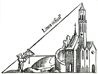 Använda en kvadrant med ett lod för att beräkna höjden på ett torn genom triangulering, 1551 av Unbekannt